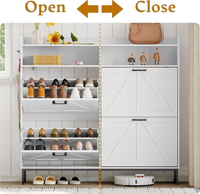 Wodeer Shoe Cabinet Storage for Entryway, Shoe Storage Cabinet with 4 Flip Drawers, Freestanding Narrow Shoe Rack Organizer with Metal Legs, Adjustable Shelves & Open Storage for Foyer, Hallway, White