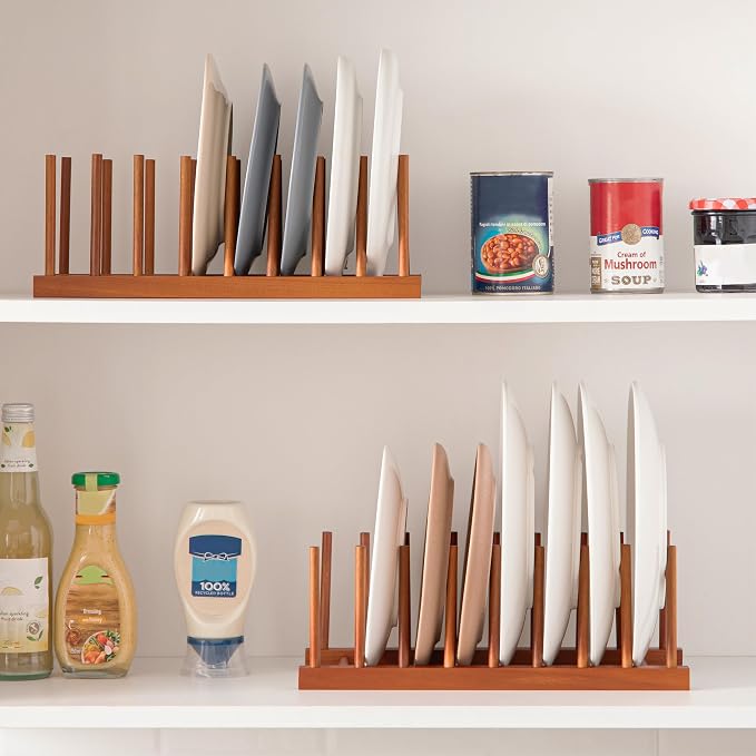 HBlife Teak Dish Plate Bowl Cup Book Pot Lid Cutting Board Drying Rack Stand Drainer Storage Holder Organizer Kitchen Cabinet（Keep Dry） | 8 Slots, Vertical Dish Racks for Cabinet Countertop & Wall, Plate Pot Lid Cutting Board Holder, Bowl Cup Drainer, ...
