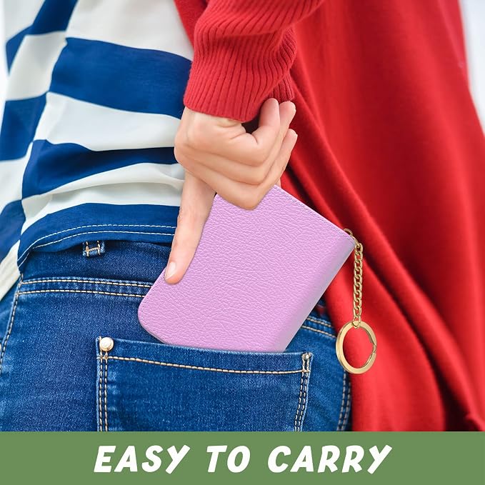 Aiawoxc Credit Card Holder for Women, Small RFID Wallet Slim Leather Business Card Organizer Case with Zipper and Keychain, Purple
