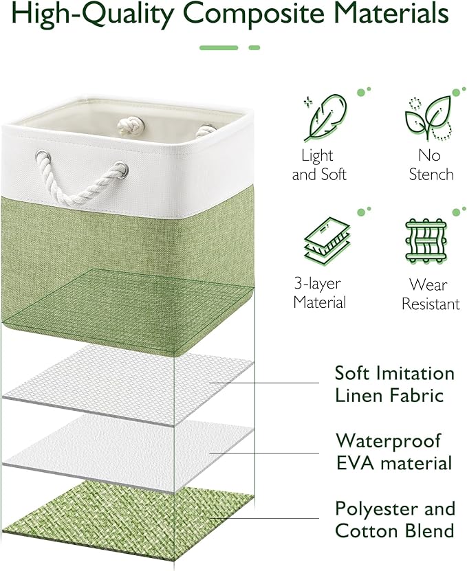 Patvingot 11 Inch Cube Storage Bins, 4 Pack Fabric Storage Cubes with Rope Handles, Organizer Baskets for Closet Shelves, Clothes and Home Organization(White/Green)