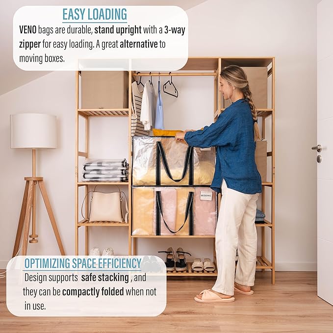 VENO 8 Pack Clear Moving Bags, 90L Extra Large Transparent Storage Totes, Heavy Duty 50lbs Load, Reinforced Handles, Zippers & Tag, See-Through Packing Boxes for Organizing Closet, Bedding, Clothes
