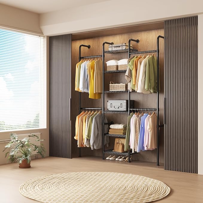Garvee L3 Wall Mounted Pipe Closet System, Matte Black | Carbon Steel, Expandable Rods 23.62-35.43 in, 6 Wire Shelves, Closet Storage
