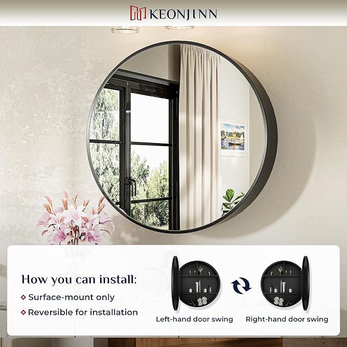 Keonjinn 26 in Round Black Black Medicine Cabinet with Mirror, Surface Mount Metal Frame Mirror Medicine Cabinet, Farmhouse Bathroom Cabinet with Circle Wall Mounted Vanity Mirror Detachable Shelves