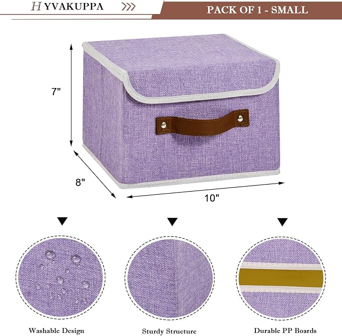 Collapsible Storage Boxes Baskets with Lid Cotton Linen Fabric Storage Bins with Faux Leather Handles Decor Washable Cube Organizer Container for Home Closet Bedroom (Purple, Small Size)