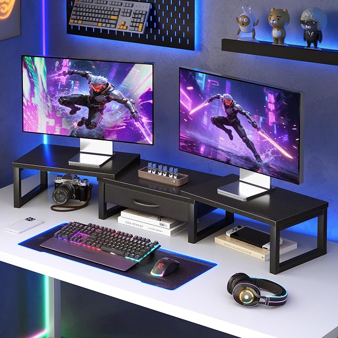 Dual Monitor Stand Riser, Desk Organizers and Accessories with Drawer, Computer Monitor Stands for Desk, Adjustable Desktop Shelf for PC Laptop Printer TV, Black