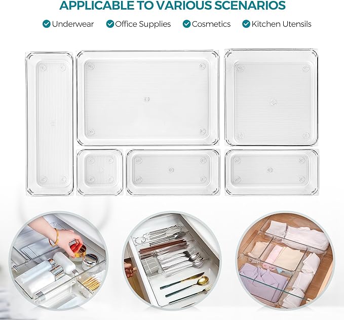 4 Pack Drawer Organizer - 3" X 6" Clear Acrylic Storage Bins with Non-Slip Pads, Versatile Desk Tray for Makeup, Jewelry, Kitchen, Bathroom, and Office Organization