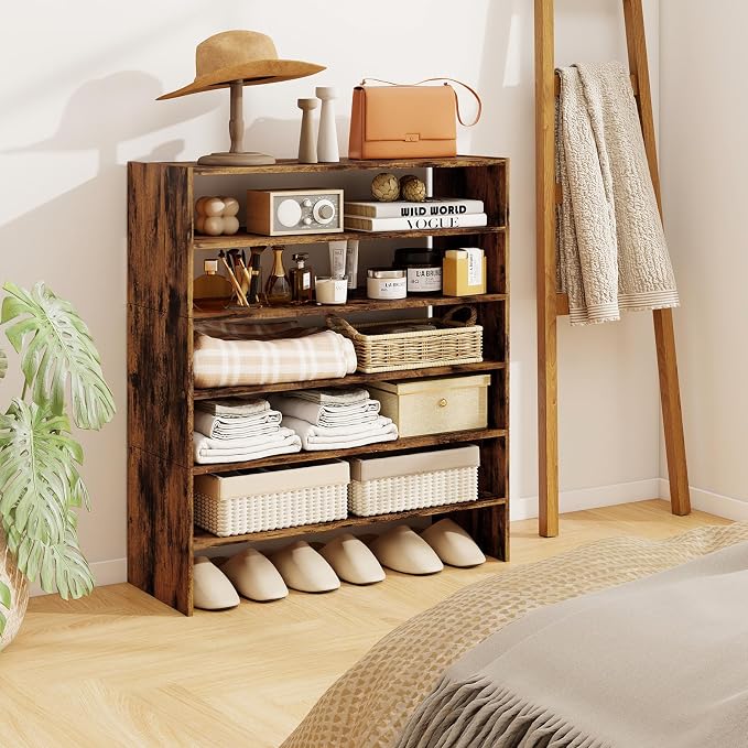 COSTWAY 6-Tier Shoe Rack, Extra Wide Shoe Shelf Organizer with Stackable Design, 31" Freestanding Adjustable Storage Shoe Stand for Small Space Entryway Hallway Closet (2,Rustic Brown)