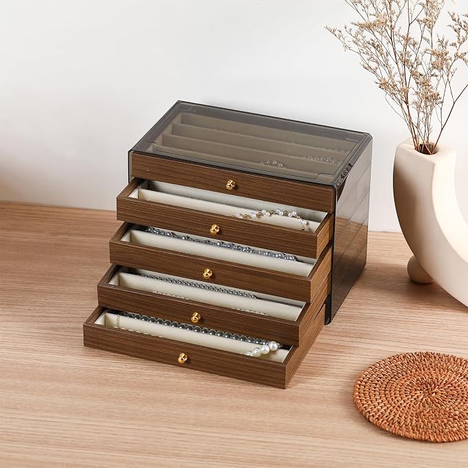 CLUQMEIK 5 Layer Necklace Jewelry Box, Vintage Wooden Jewelry Box with Acrylic Cover Stackable Necklace Storage Organizer for Women and Girls to Storing Necklaces