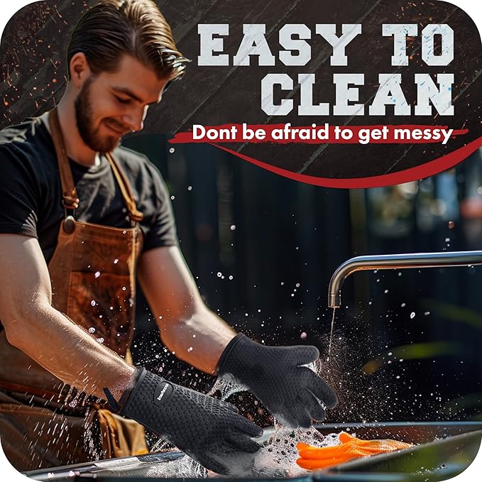KITCHEN PERFECTION XL Silicone Smoker Oven Gloves-Extreme Heat Resistant BBQ Gloves-Handle Hot Food Right on Your Grill Fryer&Pit|Waterproof Grilling Cooking Baking Mitts|Superior Value Set+3 Bonuses