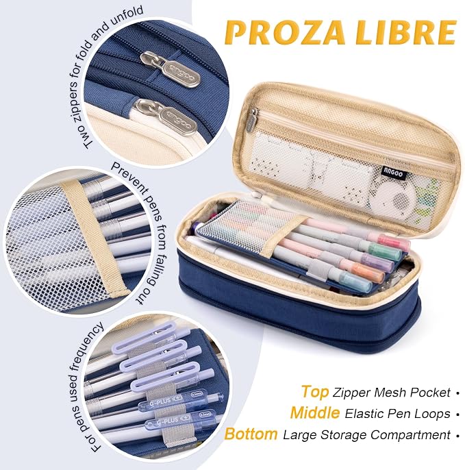 EASTHILL Big Capacity Pencil Pen Case Office College School Large Storage High Capacity Bag Pouch Holder Box Organizer Blue