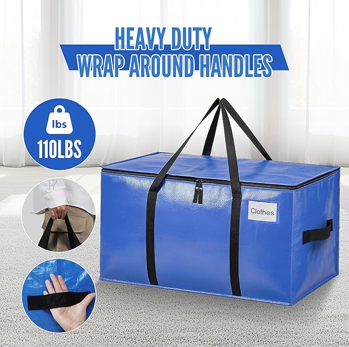 BAGAIL Heavy Duty Moving Bags with Strong Handle, Extra Large Moving Boxes, Storage Tote for Clothes, College Moving Supplies(Blue, 2 Pack)