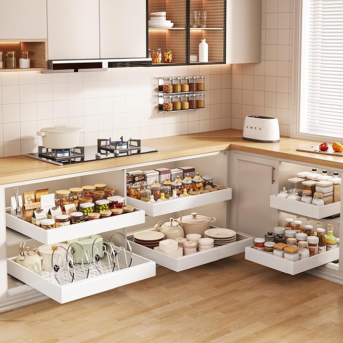 Seinloes 4 Pack Pull out Cabinet Organizer 21"Deep with Raising Pad for Framed Cabinets, Expandable Slide out Drawers for Kitchen Cabinets with 4pcs Divider Racks, Roll out Shelves 12.1"-20.4" W White