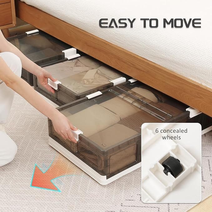 Under Bed Storage Containers with Wheels - Stackable, Foldable Plastic Storage Boxes with Lids for Clothes, Shoes, Blankets - Perfect for Bedroom Organization and Dorms (1 Pack-25.2''x16.5''x7.9'')