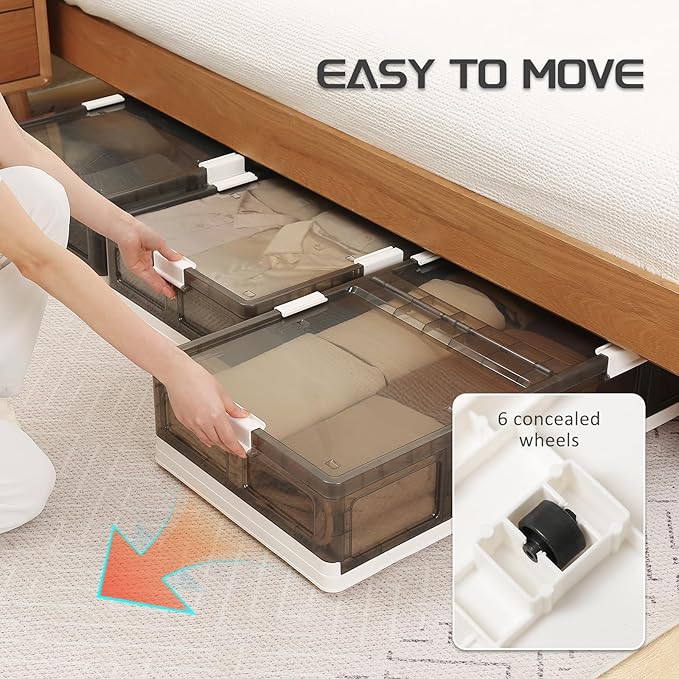 Under Bed Storage Containers with Wheels - Stackable, Foldable Plastic Storage Boxes with Lids for Clothes, Shoes, Blankets - Perfect for Bedroom Organization and Dorms