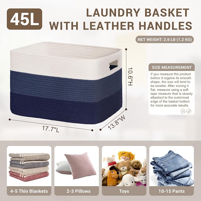 45L Small Woven Laundry Basket Hamper with Handles, Gradient Blue | 18"x14"x11", collapsible wicker hamper, storage for dirty clothes, toys, blankets, gifts, living room, bedroom, bathroom