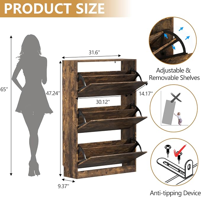 Wodeer Narrow Shoe Cabinet for Entryway, Slim Shoe Storage Cabinet with 3 Flip Drawers, Hidden Wood Shoe Cabinet Storage, Freestanding Shoe Rack Organizer Foyer, Hallway, Brown