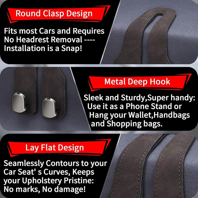 Car Seat Headrest Hooks for Purses and Bags, 2 Pack Bag Purse Holder for Car With Double Metal Hooks, Car Purse Hanger, Headrest Back Seat Handbags Hook Cute Hanging Accessories, Brown