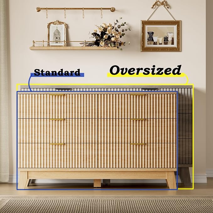 BORNOON 53" Long Dresser for Bedroom, 6-Drawer Dresser with Fluted Fronts, Wide Wood Chest of Drawers, Smooth Metal Slides, Stable Base, Modern Clothes Storage Cabinet for Living Room, Hallway