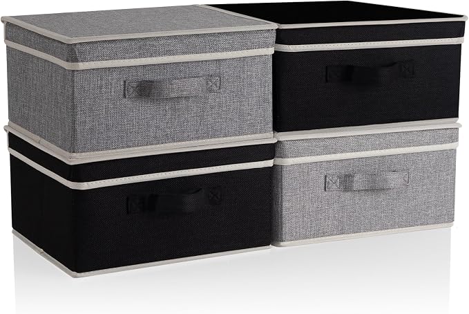Storage Bins with Lid, Foldable Clothing Storage Box case with Handle for Closet, Bedroom, Home, Gray+Black, 13L x 12.5W x 7H inch
