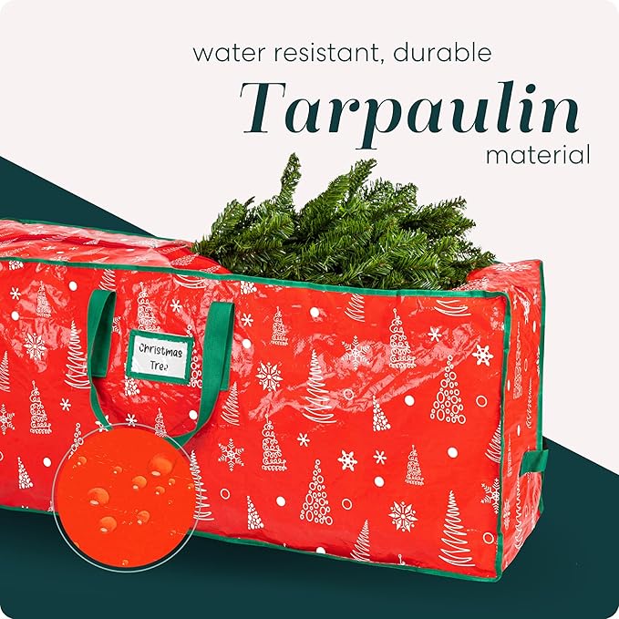 Christmas Tree Storage Bag - Stores 7.5 Foot Artificial Xmas Holiday Tree, Zippered Bag, Durable Waterproof Material, Carry Handles - Protects Against Dust, Insects and Moisture (Red Printed)