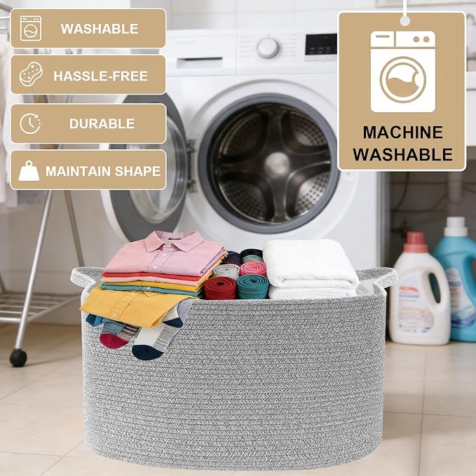 96L XXXLarge Woven Laundry Basket with Sturdy Handles - Grey | Machine washable,Space-Saving Collapsible Design,Cotton rope, blanket basket living room,for toys clothes nursery bathroom