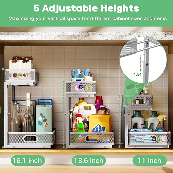 Under Sink Organizer, High Adjustable 2 Tier Under Sink Organizers and Storage, Slide out Metal Cabinet Organizers, Pull out Storage Drawer Shelf for Kitchen Bathroom Cabinet (1, Gray)
