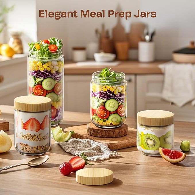 10 oz Overnight Oats Containers with Bamboo Lids, Glass Mason Jars 4 Pack | Airtight Seal Keeps Leakproof, Wide Mouth for Easy Filling & Cleaning, Ideal for Chia Pudding, Yogurt Parfaits & Meal Prep