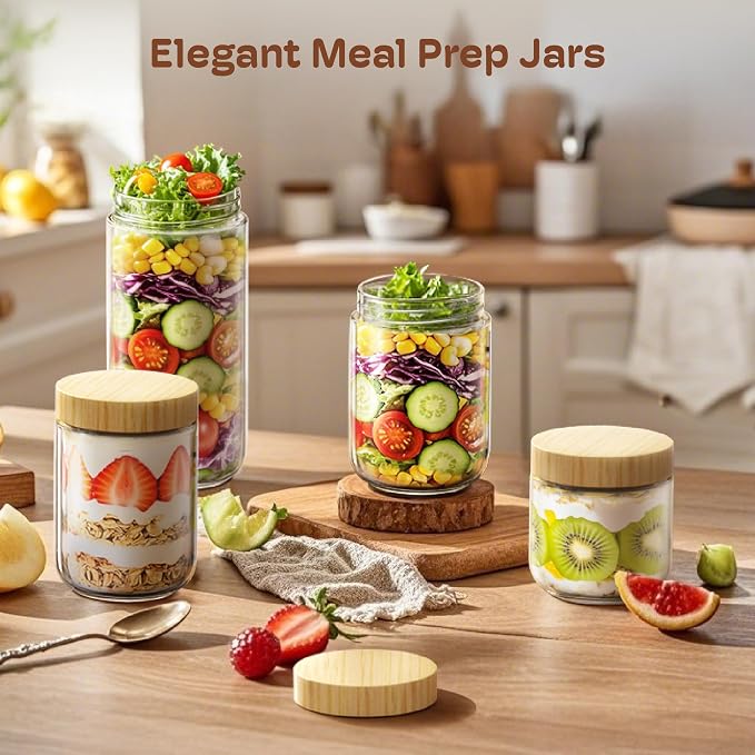 16 oz Overnight Oats Containers with Bamboo Lids, Glass Mason Jars 2 Pack | Airtight Seal Keeps Leakproof, Wide Mouth for Easy Filling & Cleaning, Ideal for Chia Pudding, Yogurt Parfaits & Meal Prep