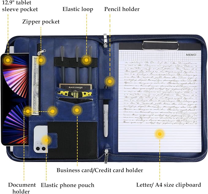 ProCase Portfolio Business Padfolio Folder with Zipper -Navy | Conference Meeting Executive File Legal Document Organizer with Pockets Letter Size A8 Writing Pad Notepad Padfolio