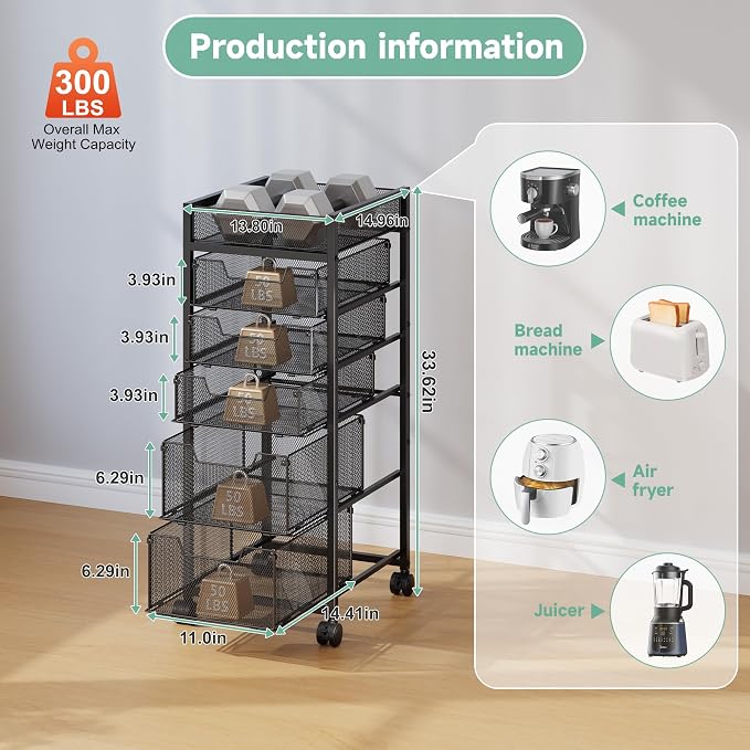6-Tier Rolling Cart with 5 Drawers & Top Basket, Snack Cart with Wheels | Metal Utility Storage Cart - Fruit Vegetable Rack on Wheels, Kitchen Organization for Cans, Spices, Craft, Art, Beauty