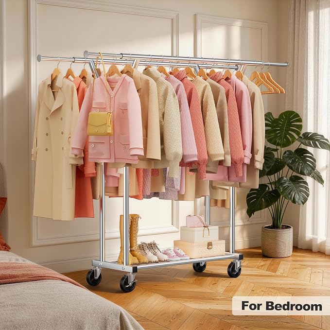 Heavy Duty Rolling Garment Rack, Double Rod Clothing Organizer, Silver | Supports up to 500 lbs, extendable double hanging rod, lockable wheels, storage shelves for bedroom, laundry, and living room