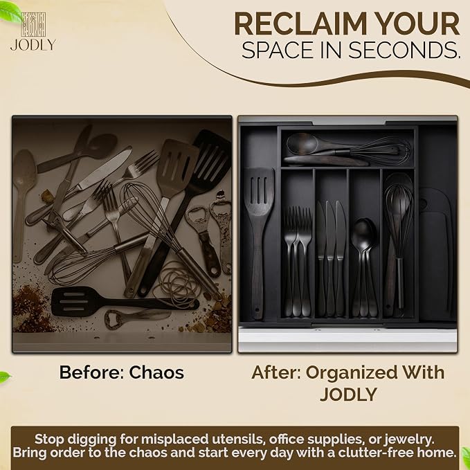 Bamboo Kitchen Utensil Drawer Organizer for Silverware | 100% Natural Expandable 14-20 Inch Kitchen Drawer Organizers for Utensils | Non-Slip Base | Screwed Joints for Long-Lasting Durability