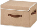 Collapsible Storage Boxes Baskets with Lid Cotton Linen Fabric Storage Bins with Faux Leather Handles Decorative Washable Cube Organizer Container for Home Closet Bedroom (Linen, Large Size)