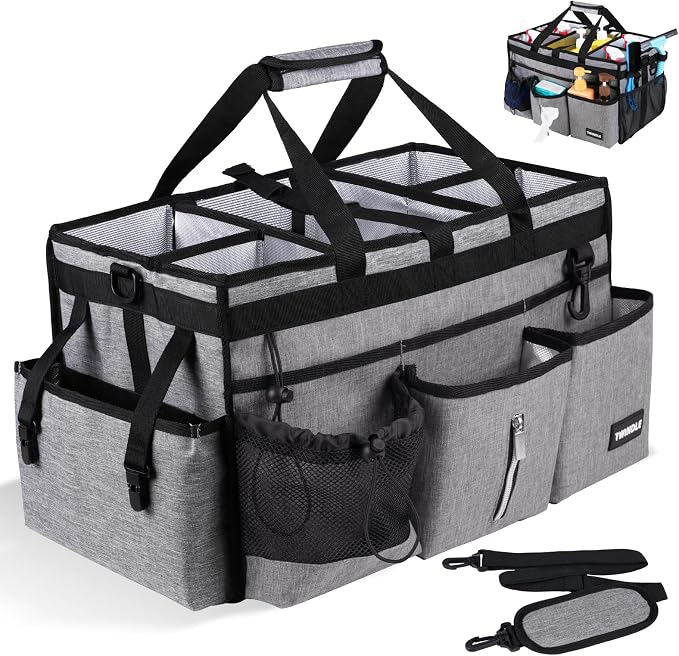 Extra Large Cleaning Caddy Bag with Rigid Support Board, Cleaning Organizer Tote with Detachable Divider, Adjustable Shoulder Strap & Waist Belt, Cleaning Supply Carrier for Cleaners & Housekeepers