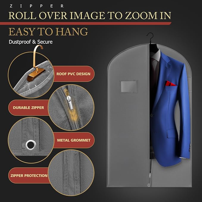 2 Pack 40-inch Suit Bag Garment Bag for Travel and Storage, Garment Bags for Hanging Clothes with Zipper and Visible Transparent Window, Gray