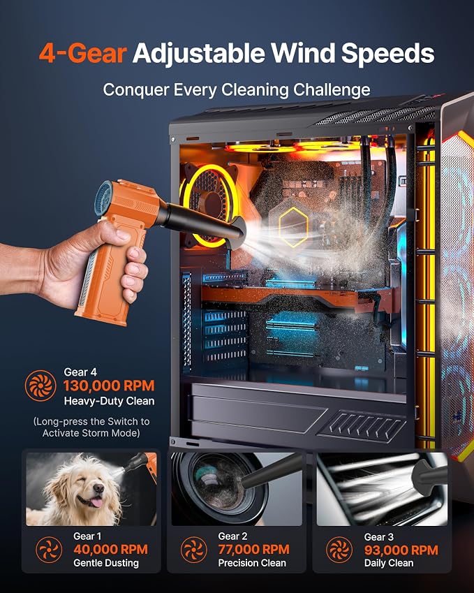 Compressed Air Duster, 130,000RPM Ultra-Powerful Electric Air Duster | 8000mAh Rechargeable Battery Cordless Blower, 4-Gear Adjustable Air Blower for Keyboard, Computer, Car - Orange