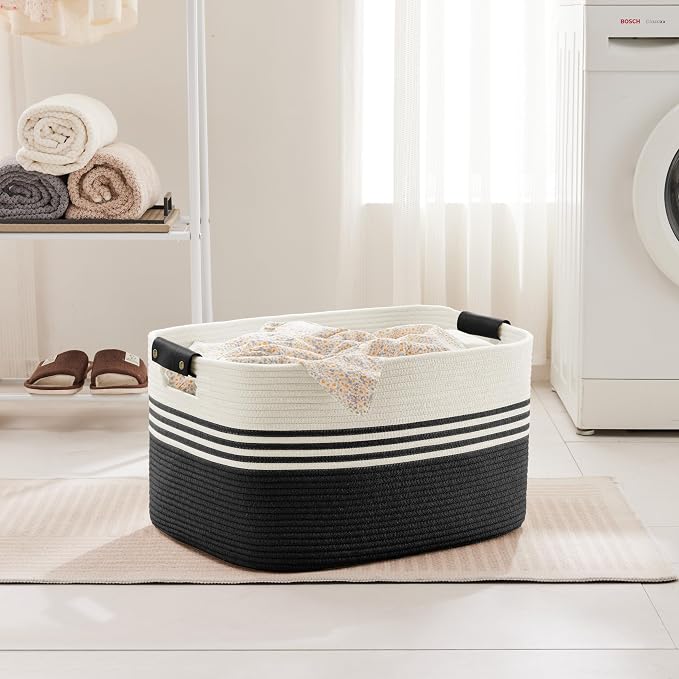 72L Large Woven Laundry Basket Hamper with Leather Handles,Black | 22"x17"x12", collapsible wicker hamper, storage for dirty clothes, toys, blankets, gifts, living room, bedroom, bathroom