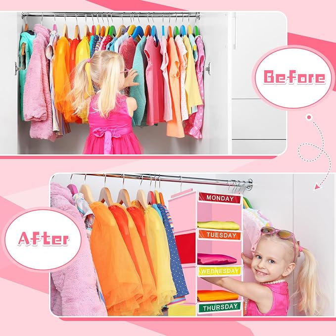 Amylove 2 Pcs 7 Shelf Weekly Clothes Organizer for Kids Hanging Closet Organizer 11. 8 x 11. 8 x 50 Inches Daily Activity Kids Clothes Storage Drawers Cube Drawers Closet Hanging Shelves(Pink)