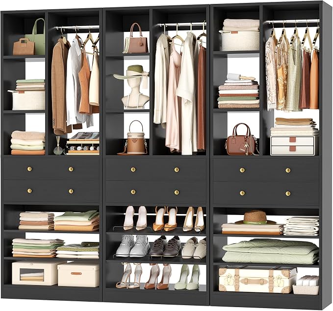 Besiost Closet System, 84"/7 FT Closet Organizer System with 6 Drawers and Shelves, Walk-in Closets Systems, Free Standing Reach in Closet Tower, Load 1800+LBS, Black 3 Pack