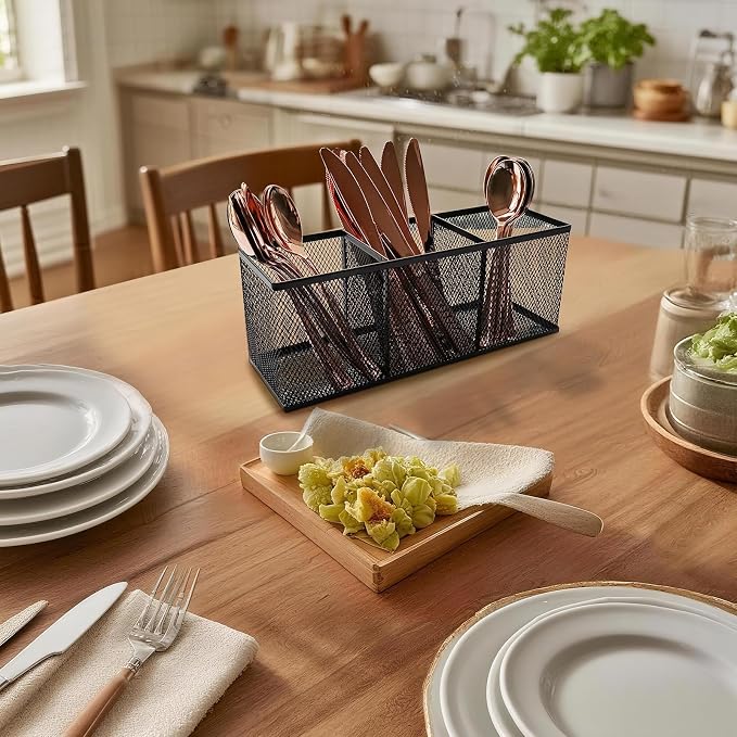 2-Pack Metal Mesh Pencil Holder, Spacious 3-Compartment Desk Organizer for Pens, Makeup Brushes, Utensils, Desktop Storage for Home, Office, School, Kitchen, 10.43x3.35x4.04 Inch, Black
