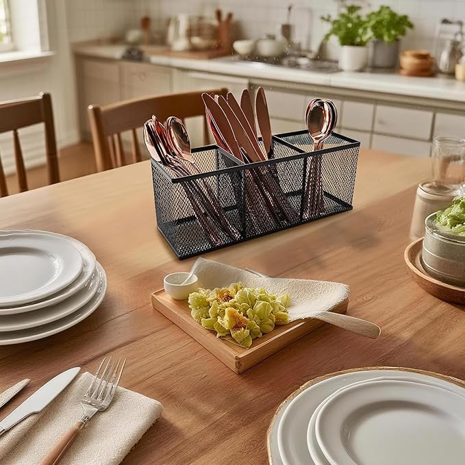 Metal Mesh Pencil Holder, Spacious 3-Compartment Desk Organizer for Pens, Makeup Brushes, Utensils, Multipurpose Office, School ,Kitchen, Home Desktop Storage, 10.43 x 3.35 x 4.04 Inches, Black