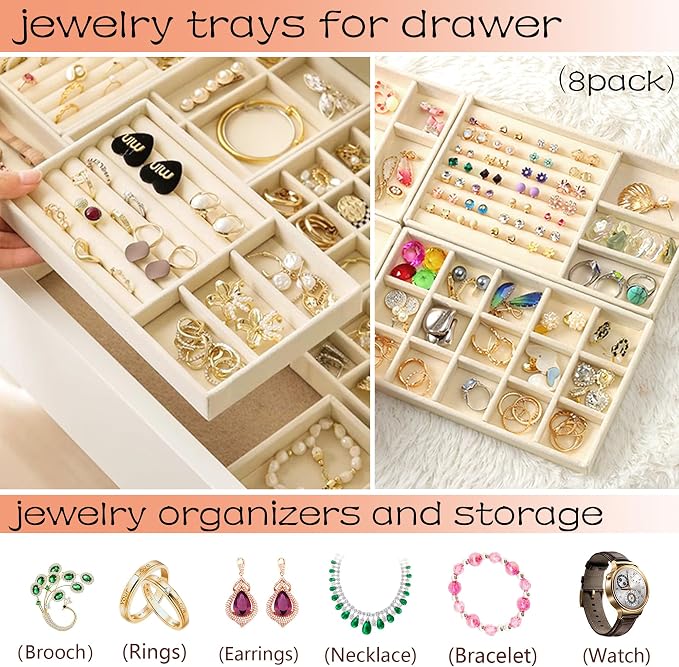 8 Stackable Jewelry Trays Organizer for Drawers Jewellry Storage Display Case for Earring Rings Necklace Bracelet Watch with Removable Dividers