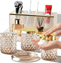 Glass Bathroom Accessories Set 5Pcs Crystal - Brown Foaming Soap Dispenser, Soap Dish, Cup, Acrylic Toothbrush Holder with Tray Organizer, Cotton Swab Jar, Bathroom Counter Set Sink Decor