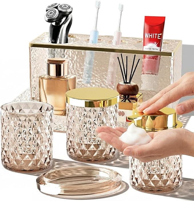 Glass Bathroom Accessories Set 5Pcs Crystal - Brown Foaming Soap Dispenser, Soap Dish, Cup, Acrylic Toothbrush Holder with Tray Organizer, Cotton Swab Jar, Bathroom Counter Set Sink Decor
