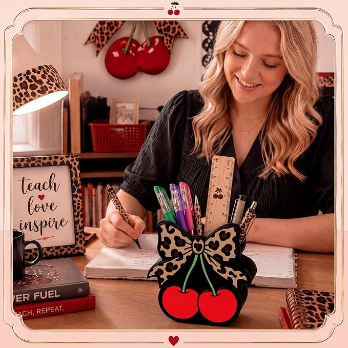 Tenceur Cherry Leopard Bow Pencil Holder for Desk Large Capacity Bow Wood Pen Holder Coquette Desk Organizer Cute Teacher Office Decor Makeup Brush School Supplies Back to School Gift for Girls Women
