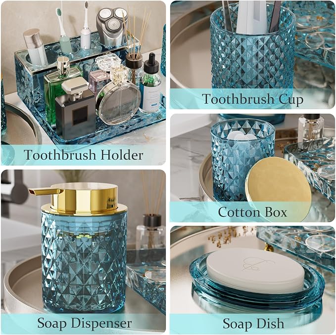 Glass Bathroom Accessories Set 5Pcs Crystal - Foaming Soap Dispenser, Soap Dish, Cup, Acrylic Toothbrush Holder with Tray Organizer, Qtip Jar, Bathroom Counter Set Sink Decor (Teal)