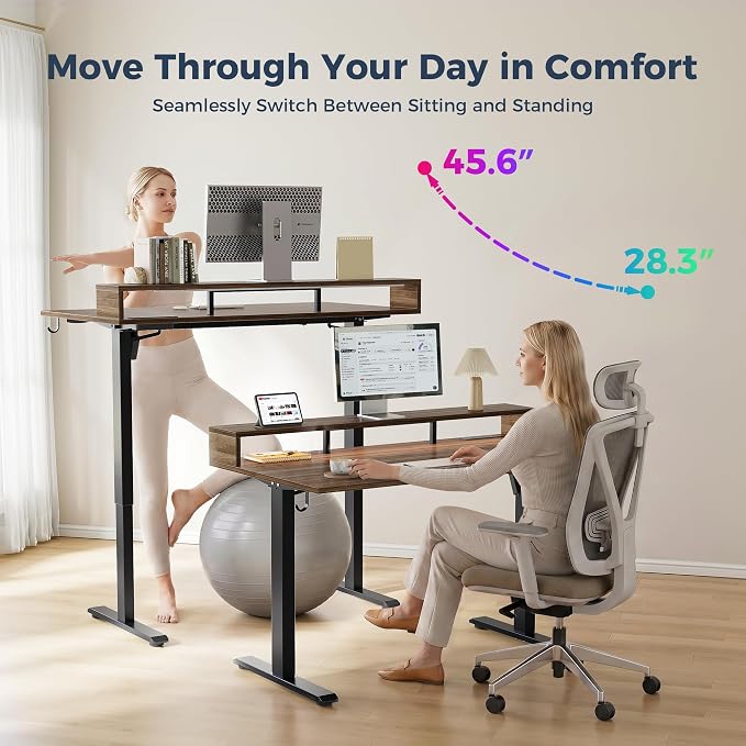 Klicelor Electric Standing Desk with Shelf, 48 Inch Height Adjustable Desk with Power Outlets & LED, Sit Stand Up Table with Monitor Stand, Computer Workstation for Home Office, Dark Walnut
