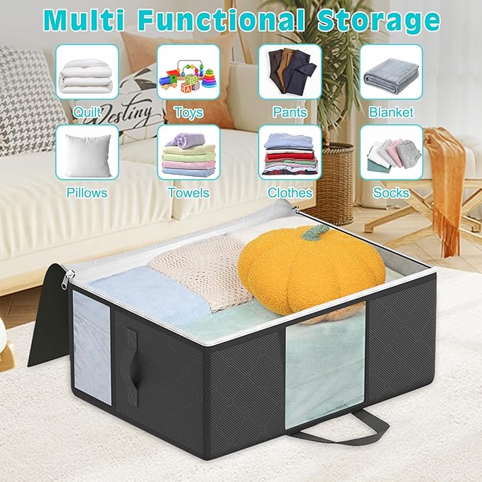 8 Pack 105L Extra Large Comforter Storage Bag, Foldable Bedding Storage Blanket Moving Bags for Clothes Pillows Sweater Dorm, Linen Closet Organizers with 4 Handles & 3 Clear Windows, Black