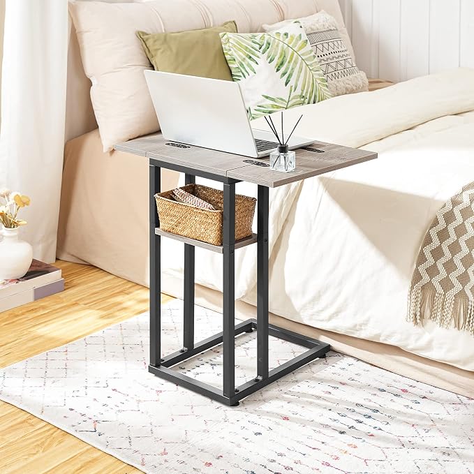 HOOBRO Foldable C Shaped End Table, C Shaped Side Table with Storage Shelf, Small Snack Table, Slide Under Couch Table for Sofa, Living Room Bedroom Small Spaces Easy Assembly, Greige BG29SF01