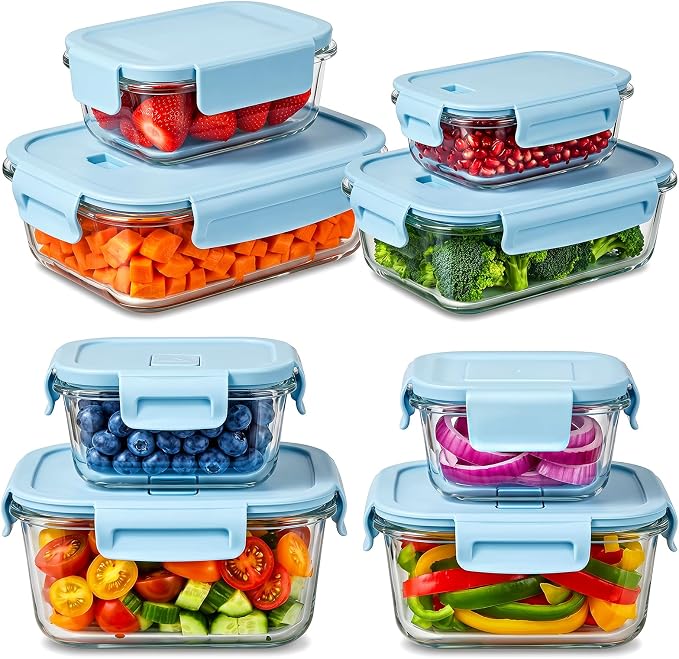 8 Pack Glass Meal Prep Containers with Lids, Glass Food Storage Containers with Snap Locking Lids, Airtight Lunch Containers for Microwave, Oven, Freezer and Dishwasher BPA Free (LightBlue)